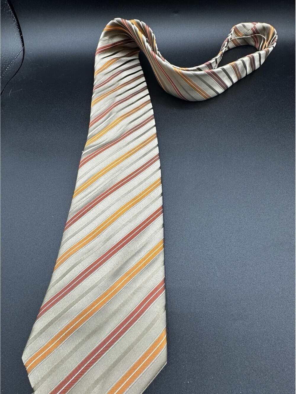 Geoffrey Beene Extra Long XL 100% Silk Tie Gray Orange Striped Mens Necktie